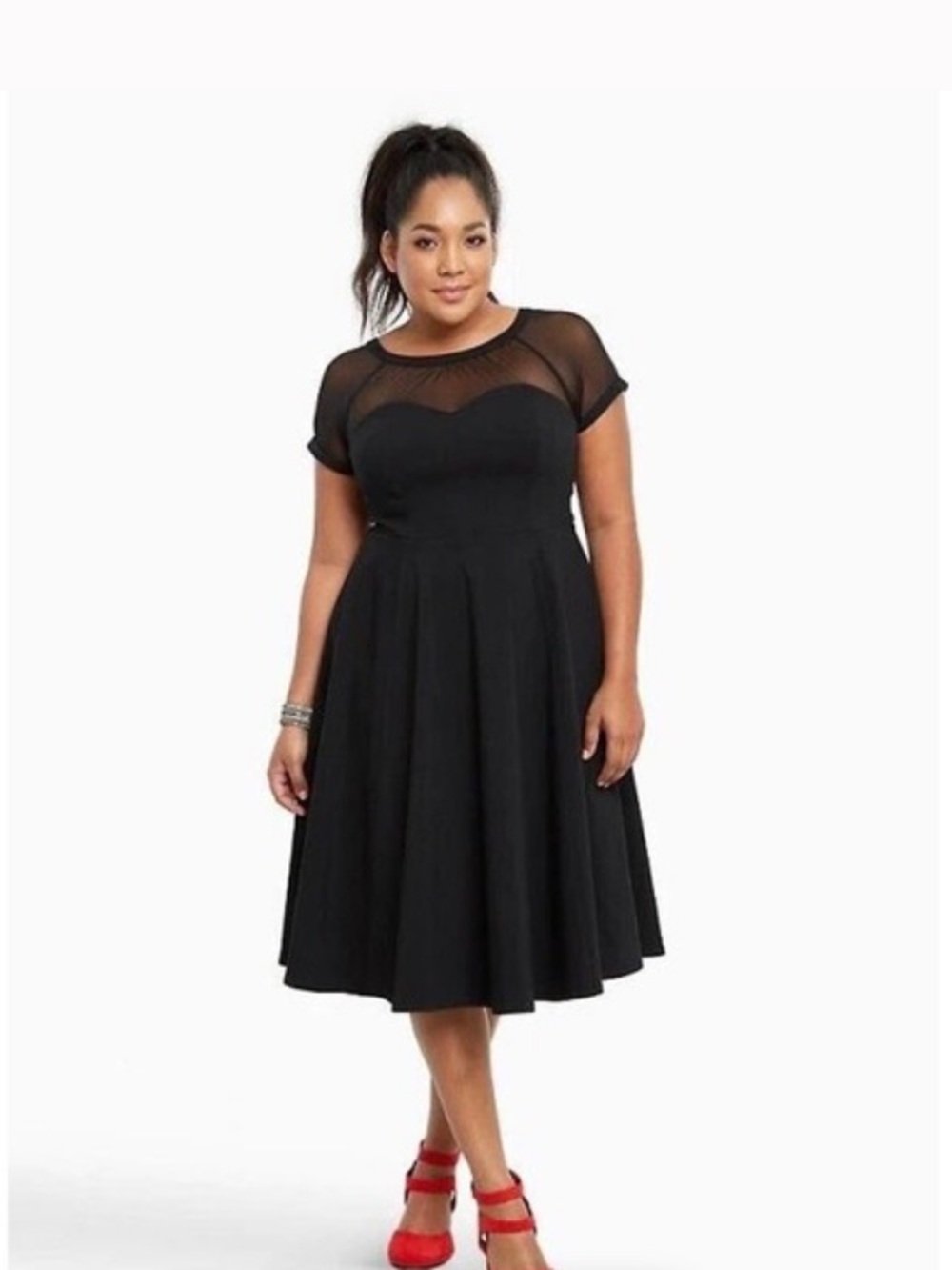 torrid Black Mesh Yoke Fit & Flare Midi Dress with Sweetheart Bodice